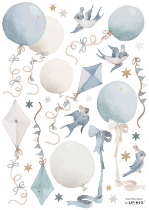 Lilipinso Selene Muurstickers A3 - Little Flying Kites and Balloons Blue