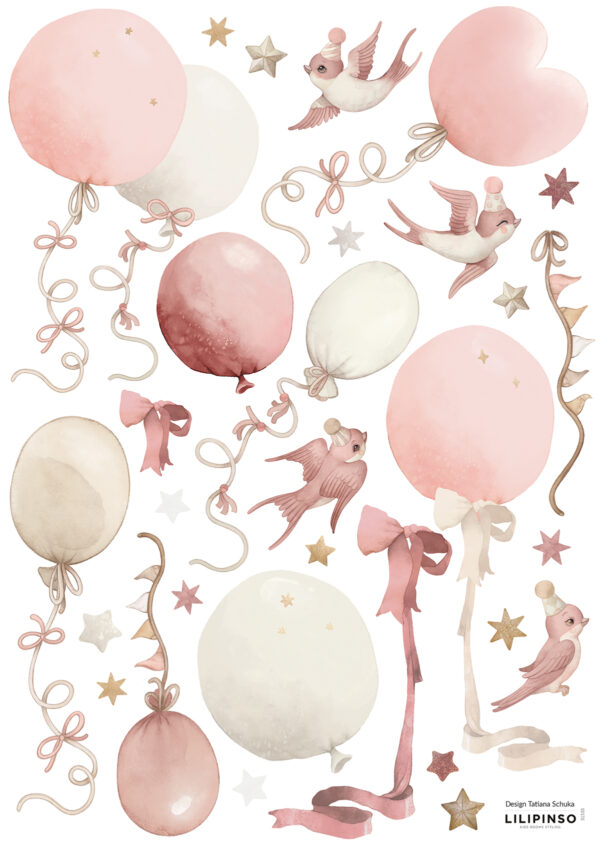 Lilipinso Selene Muurstickers A3 - Little Flying Kites and Balloons Pink