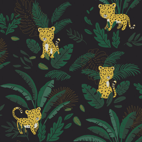 Lilipinso Jungle Night Behang - Cheetah and Tropical Leaves (dark green)